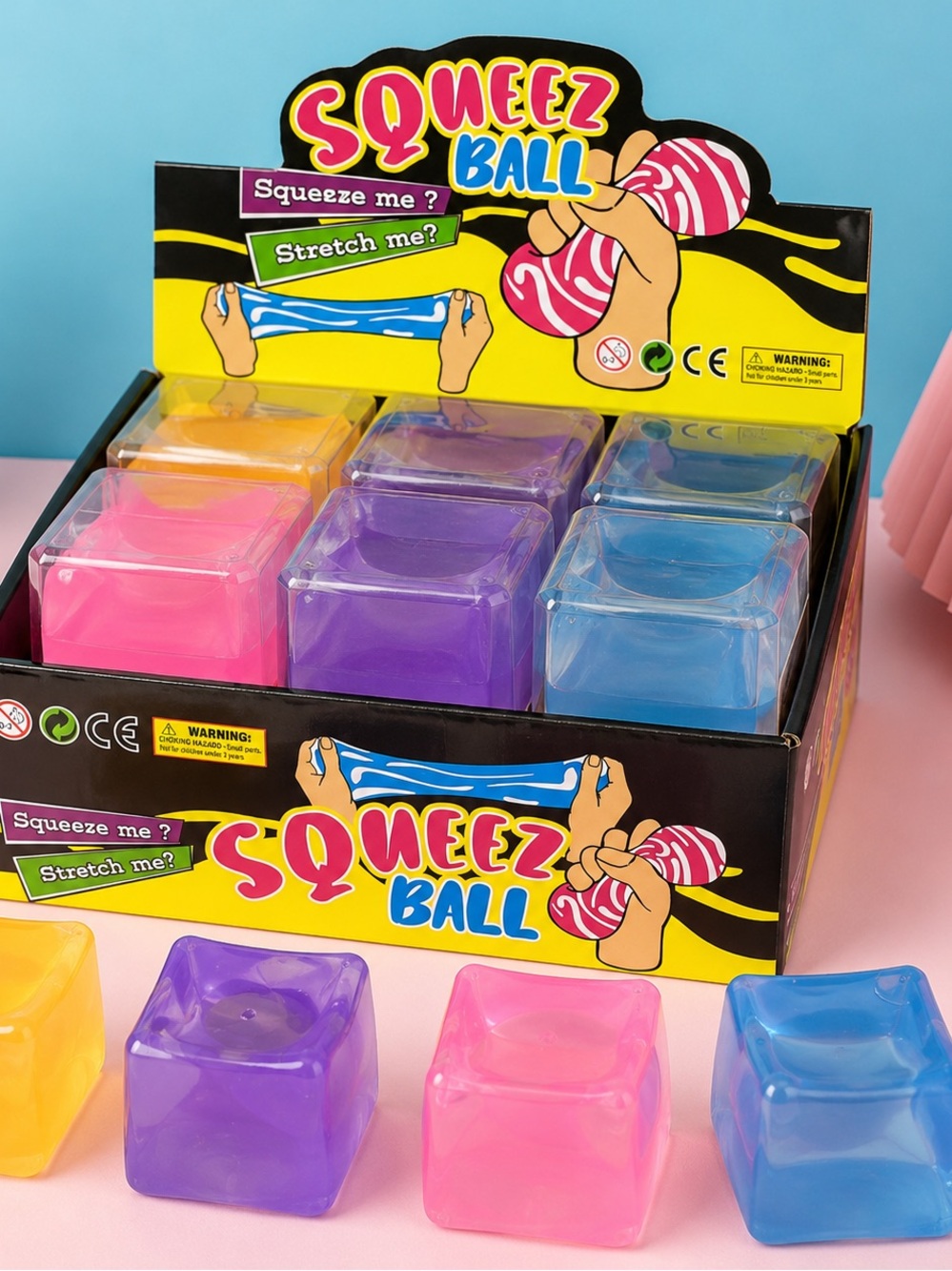 Squeez Ball Sensory Stretch Cube Set — Pink, Purple, Blue, Yellow Figet cube